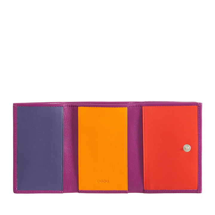 Brightly colored women's leather wallet with multiple compartments open