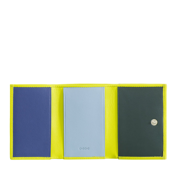 Colorful leather wallet with yellow exterior, multiple compartments, and blue, light blue, and green interior