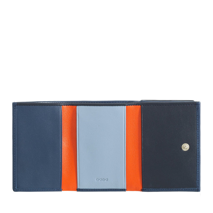 Colorful leather wallet with multiple compartments and snap button closure