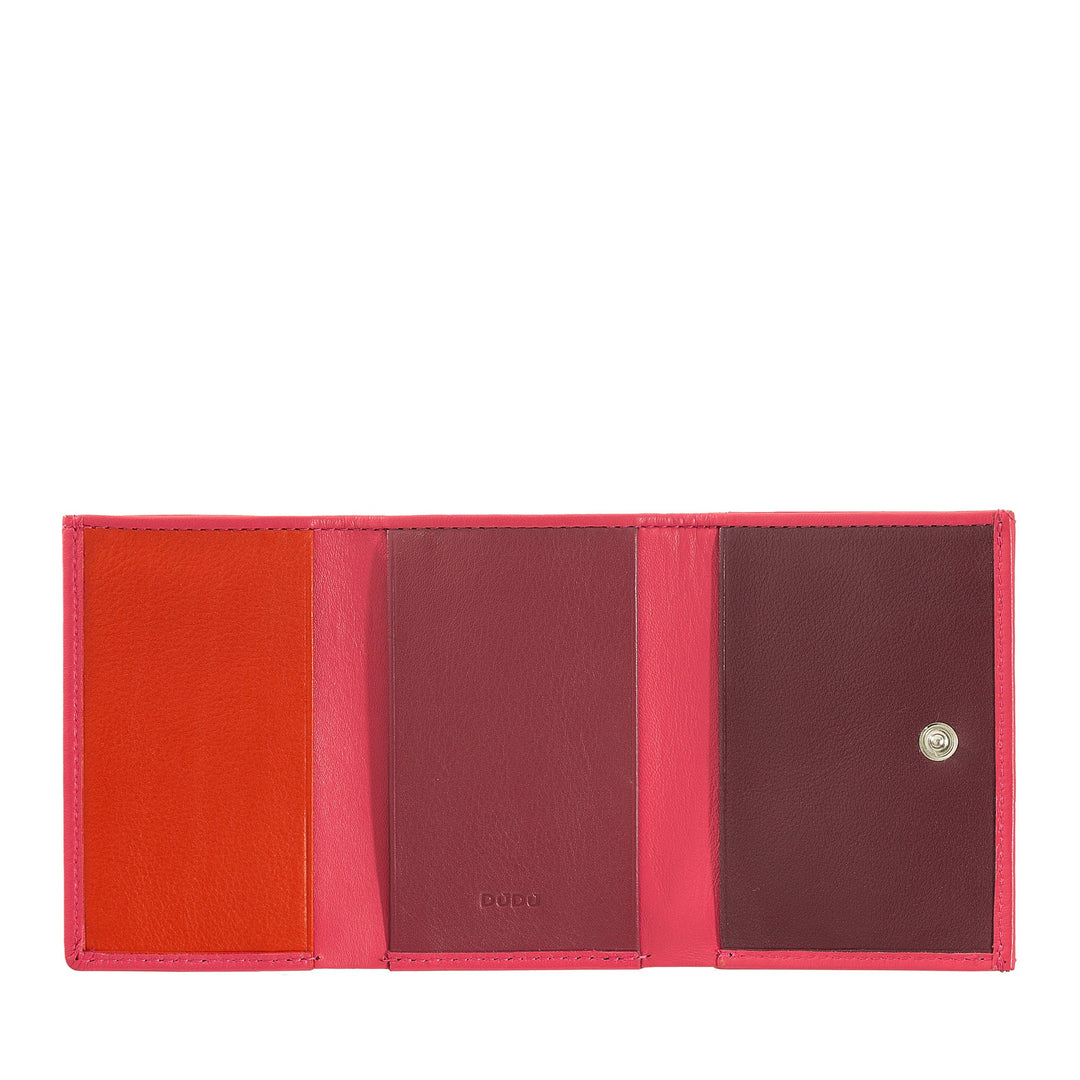 Colorful leather trifold wallet with red, pink, and orange compartments
