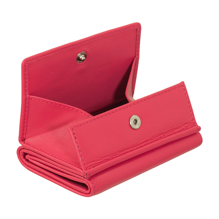 Red leather wallet with open snap closure and compartments