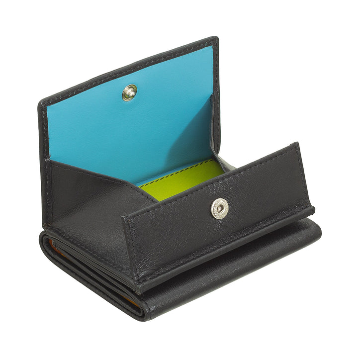 Black leather wallet with blue and green interior and snap button closure