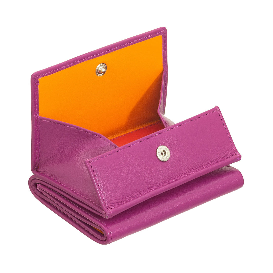 Purple leather wallet with yellow interior, open to display multiple compartments