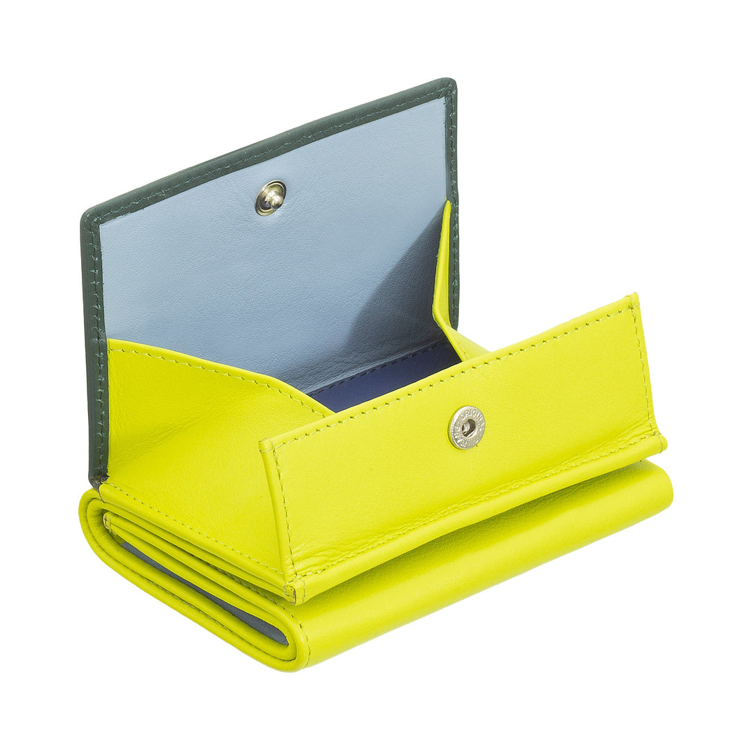 Bright yellow leather wallet with open snap closure and multiple compartments