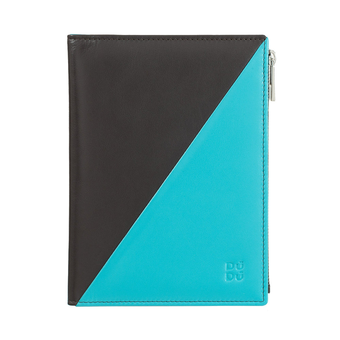 Black and turquoise geometric wallet with zipper closure