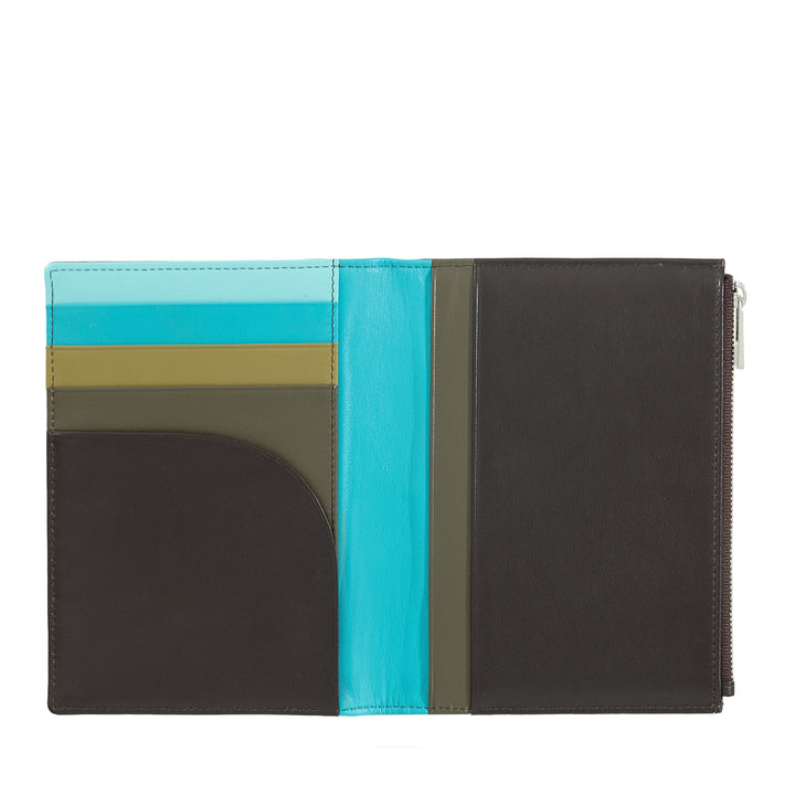 Open leather wallet with multiple card slots and colorful interior sections