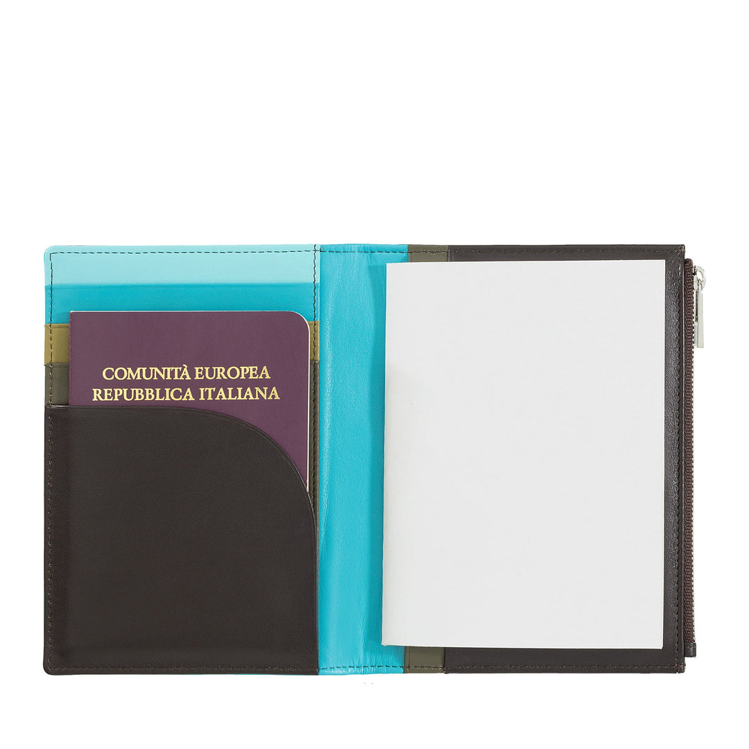 Open leather passport holder with Italian passport and blank notebook inside