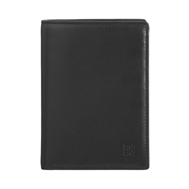 Black leather passport holder with embossed logo