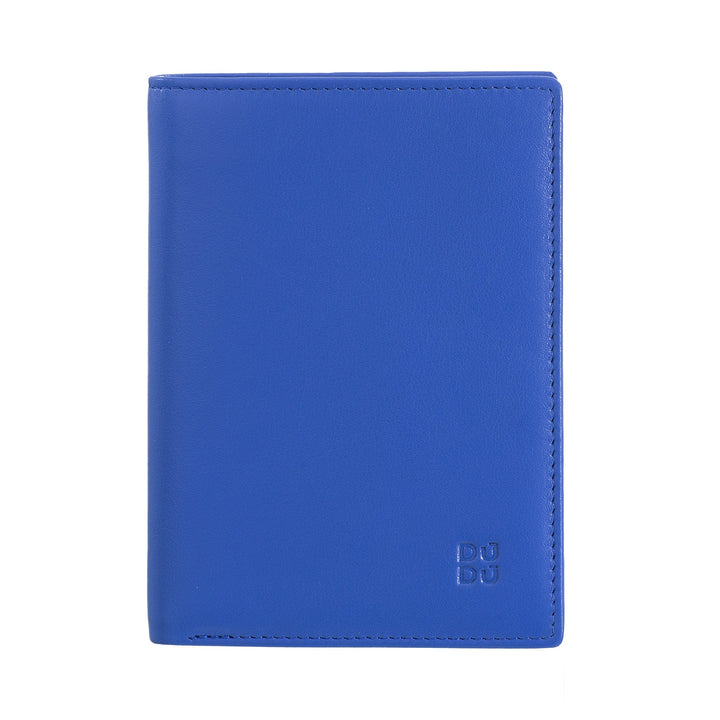 Blue leather passport holder with embossed logo