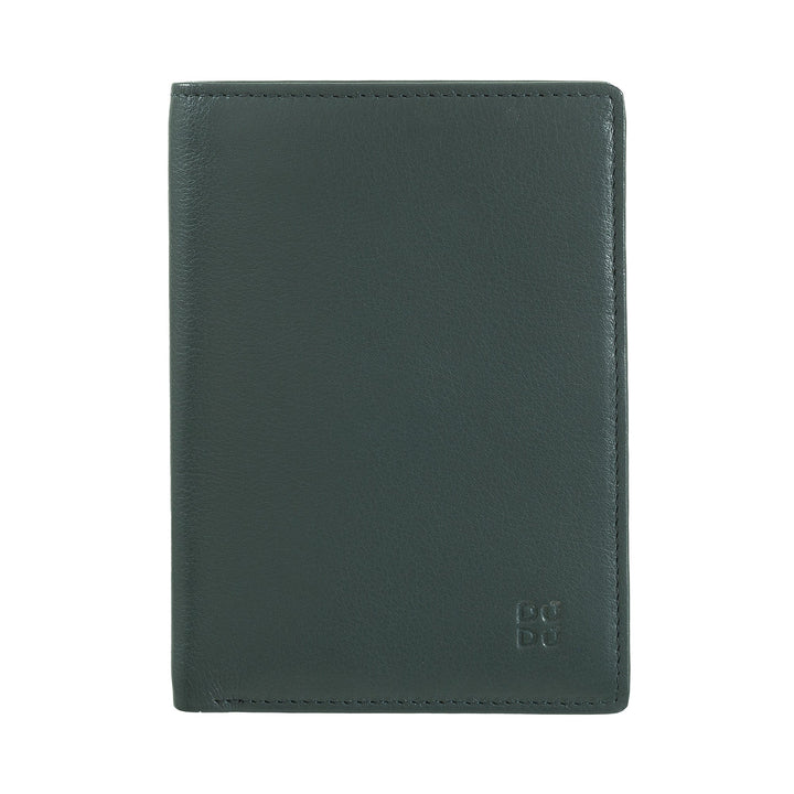 Dark green leather passport holder with embossed logo