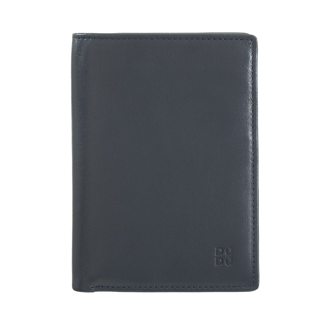 Black leather wallet with stitched edges and embossed DUDU logo