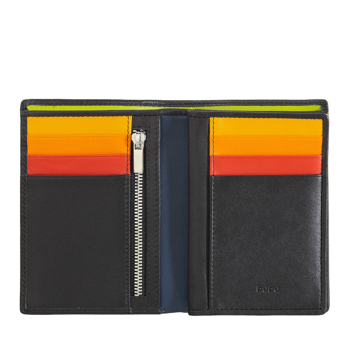 Colorful leather wallet with multiple card slots and a zippered compartment