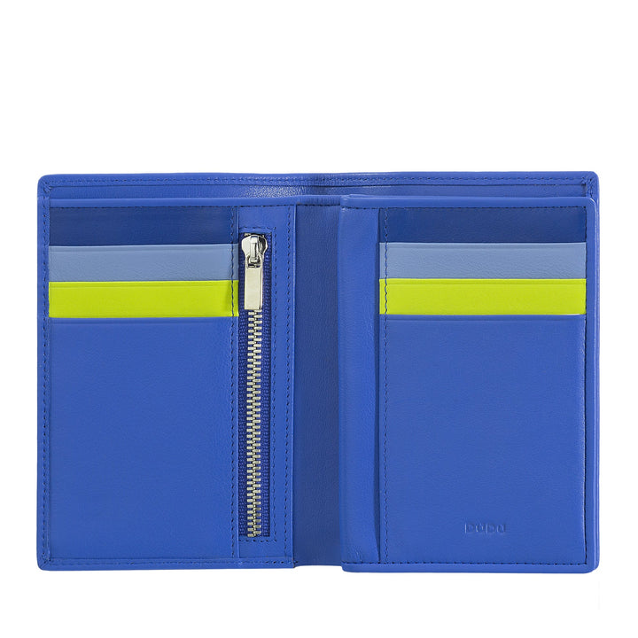 Blue leather wallet with multiple card slots and a zipper compartment