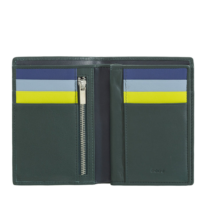 Open leather wallet with multiple card slots and a zippered compartment