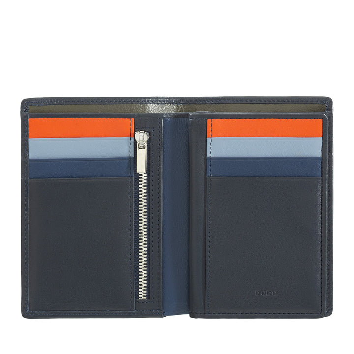 Navy blue leather wallet with orange and blue card slots and zipper compartment