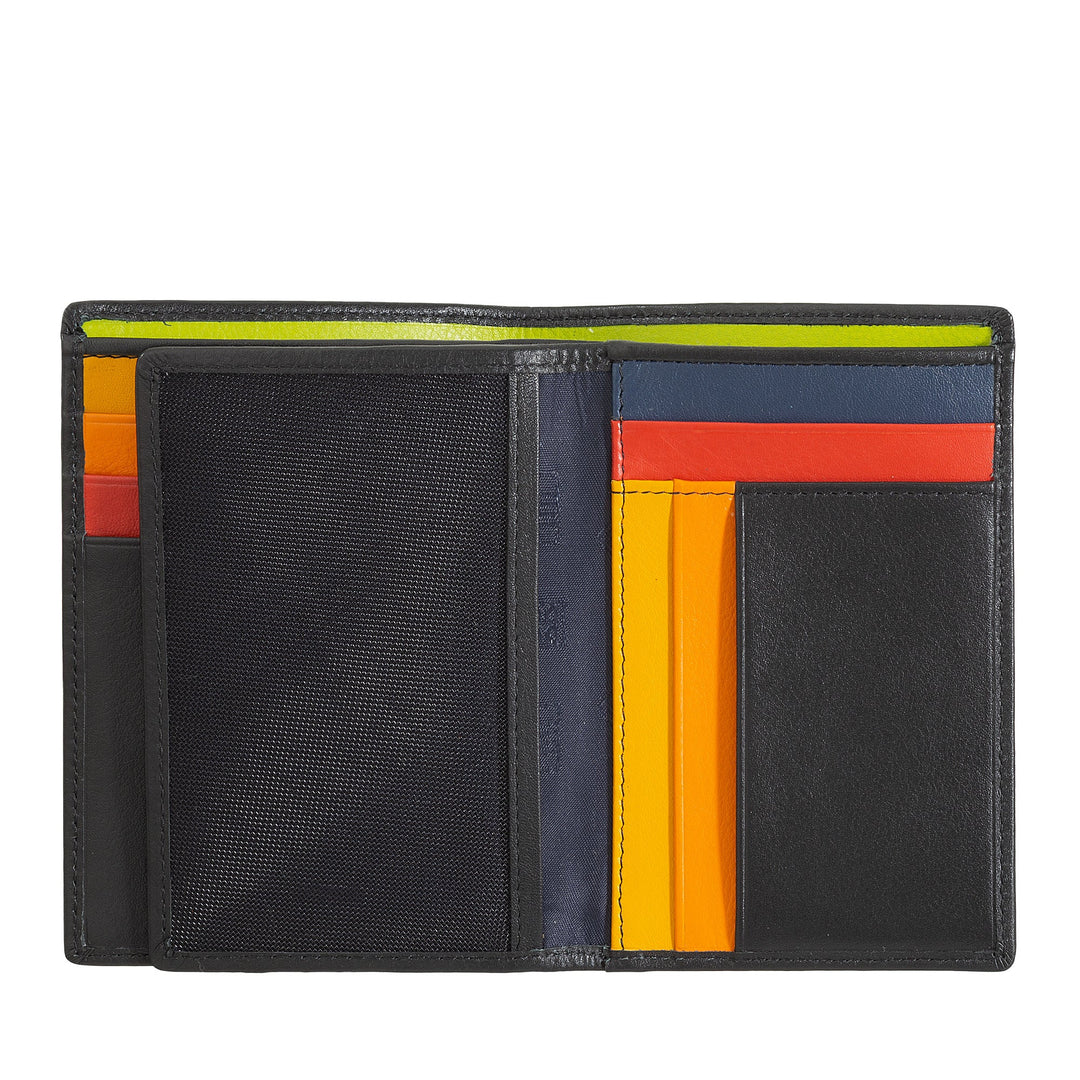 Open multicolored leather wallet with various card slots