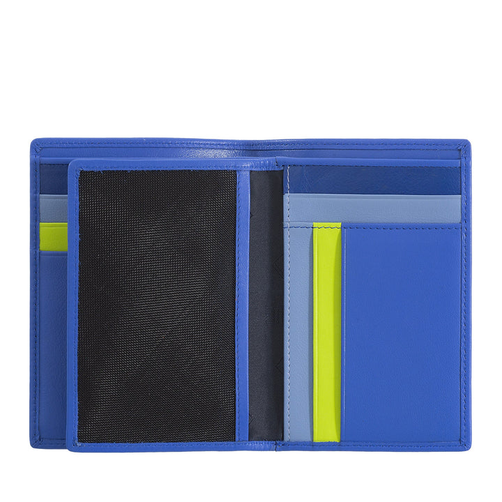 Blue and black multi-section open wallet with yellow and grey accents