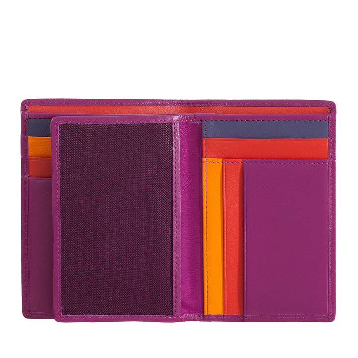 Vibrant purple leather wallet with colorful card slots and compartments open wide