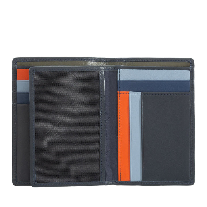Colorful, open leather wallet with multiple card slots and sections