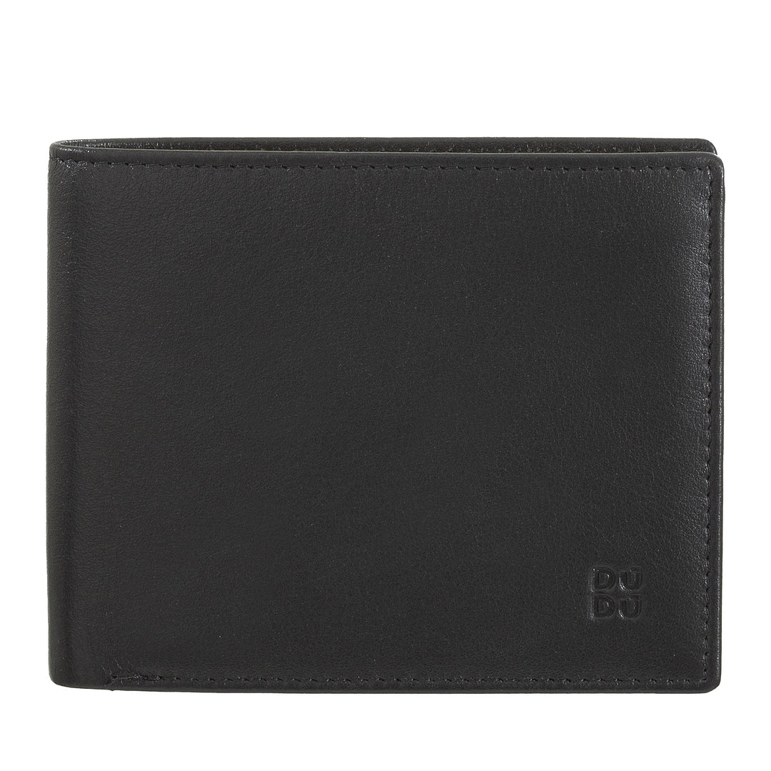 Black leather wallet with stitch detailing and embossed logo
