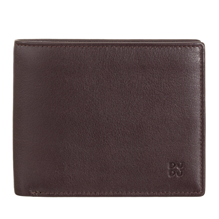 Dark brown leather wallet with embossed logo on bottom right corner