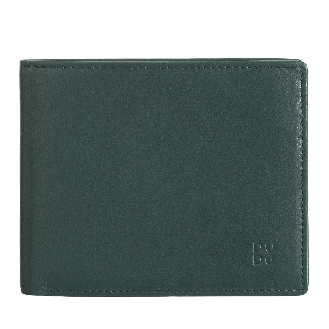 Dark green leather wallet with embossed logo on the bottom right corner