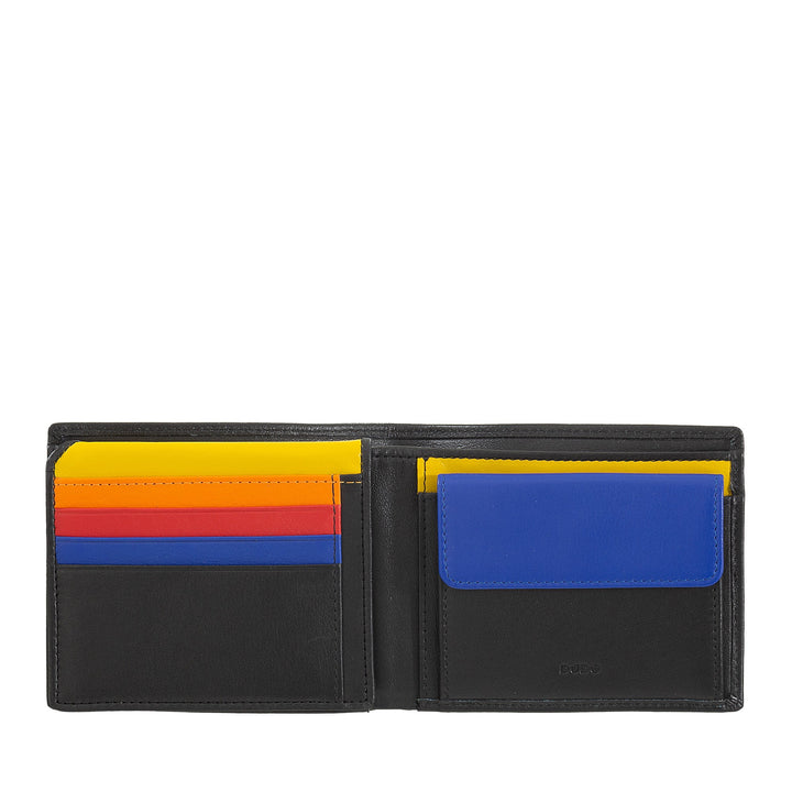 Black leather wallet with colorful card slots and blue pocket