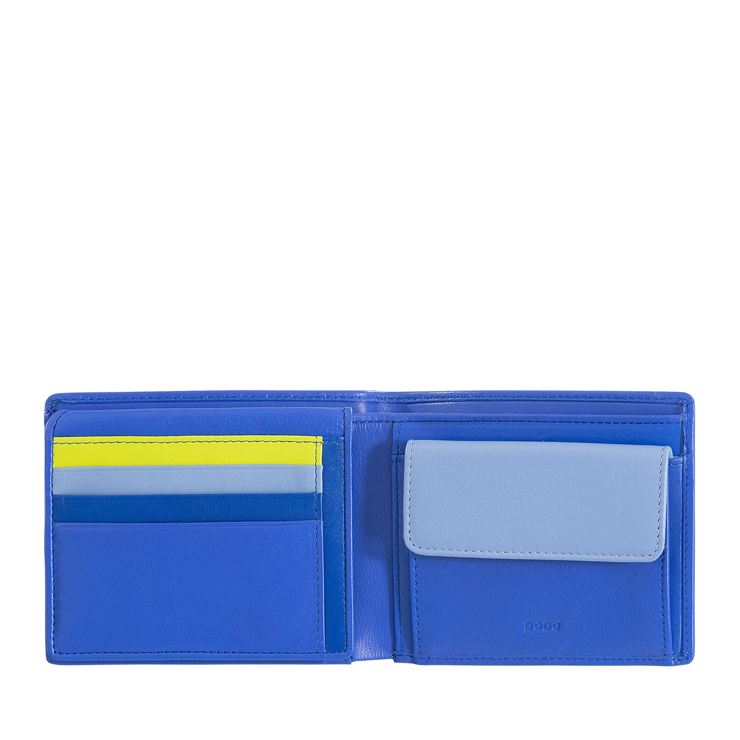 Blue leather wallet with multiple card slots and a coin pocket