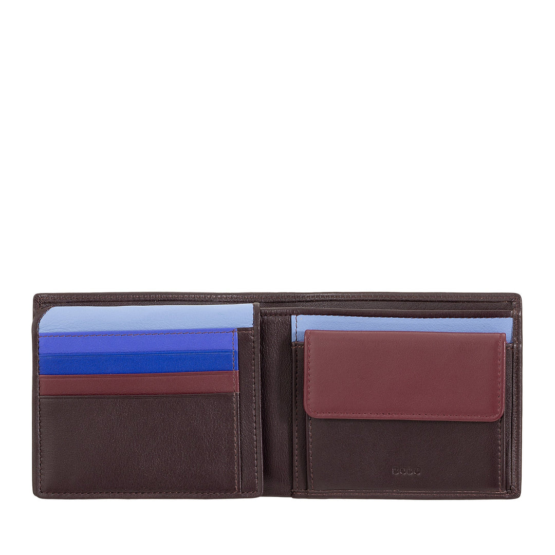 Brown leather bifold wallet with card slots and coin pocket
