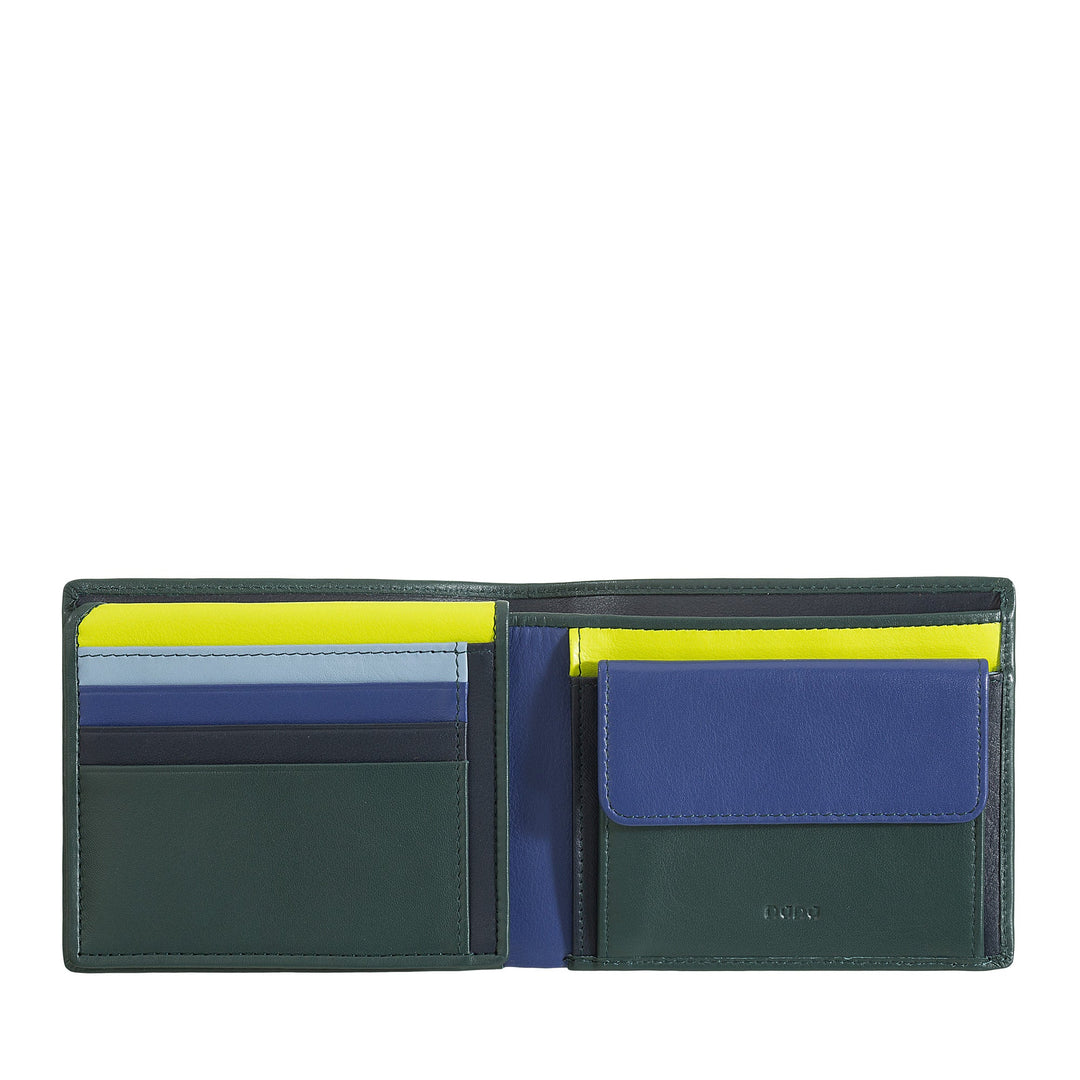 Colorful open bi-fold wallet with multiple card slots and cash compartment