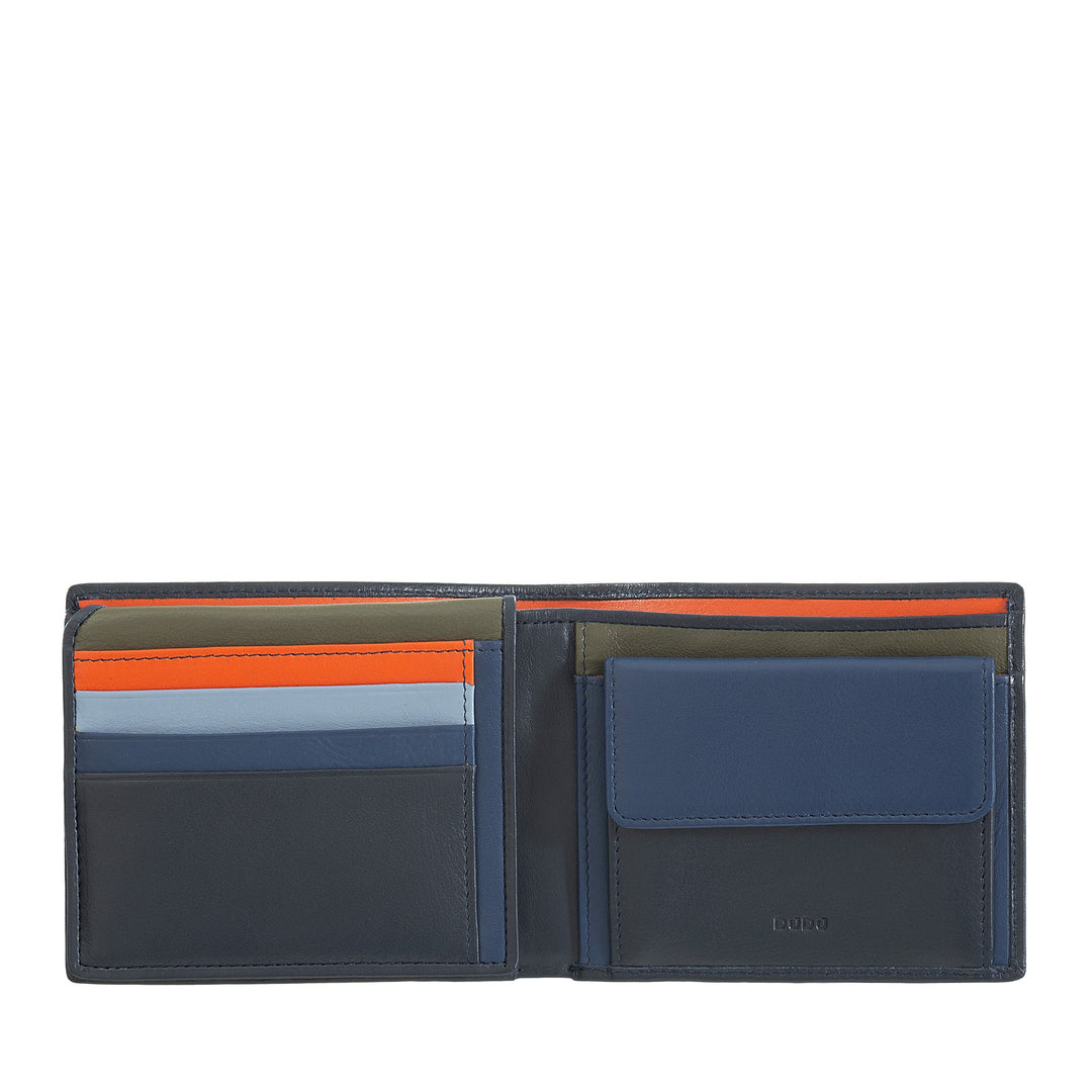 Open navy blue leather wallet with multiple card slots, coin pocket, and colorful card dividers