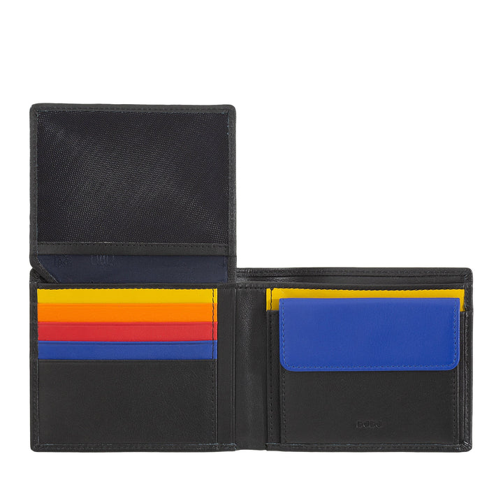 Open black leather wallet with colorful card slots in yellow, red, and blue
