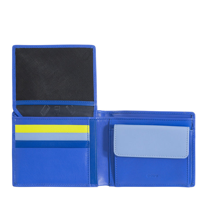 Blue bifold wallet with card slots and coin pocket