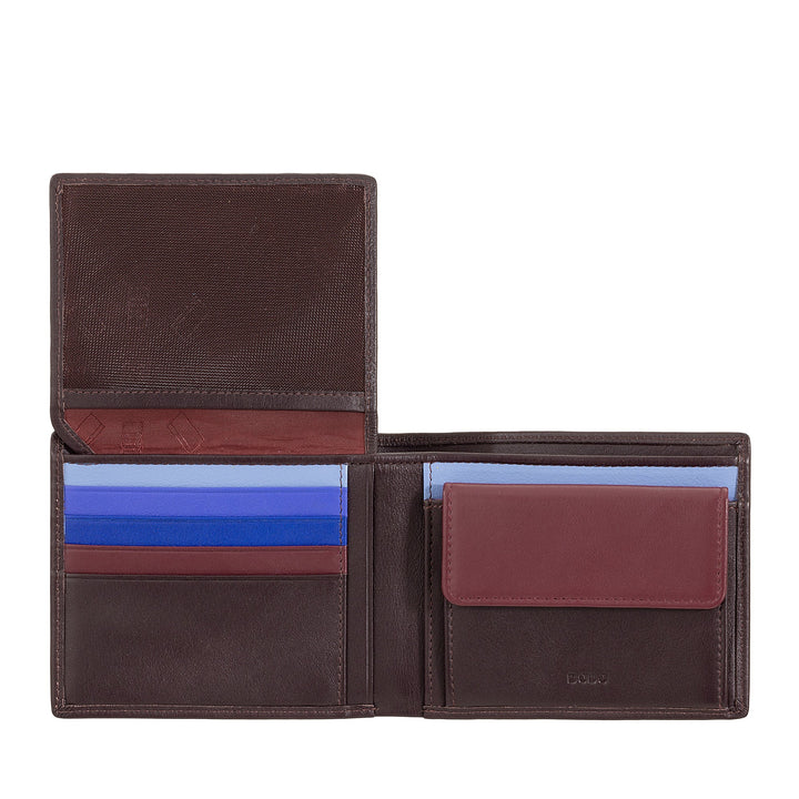 Brown leather bifold wallet with multiple card slots and a coin pocket