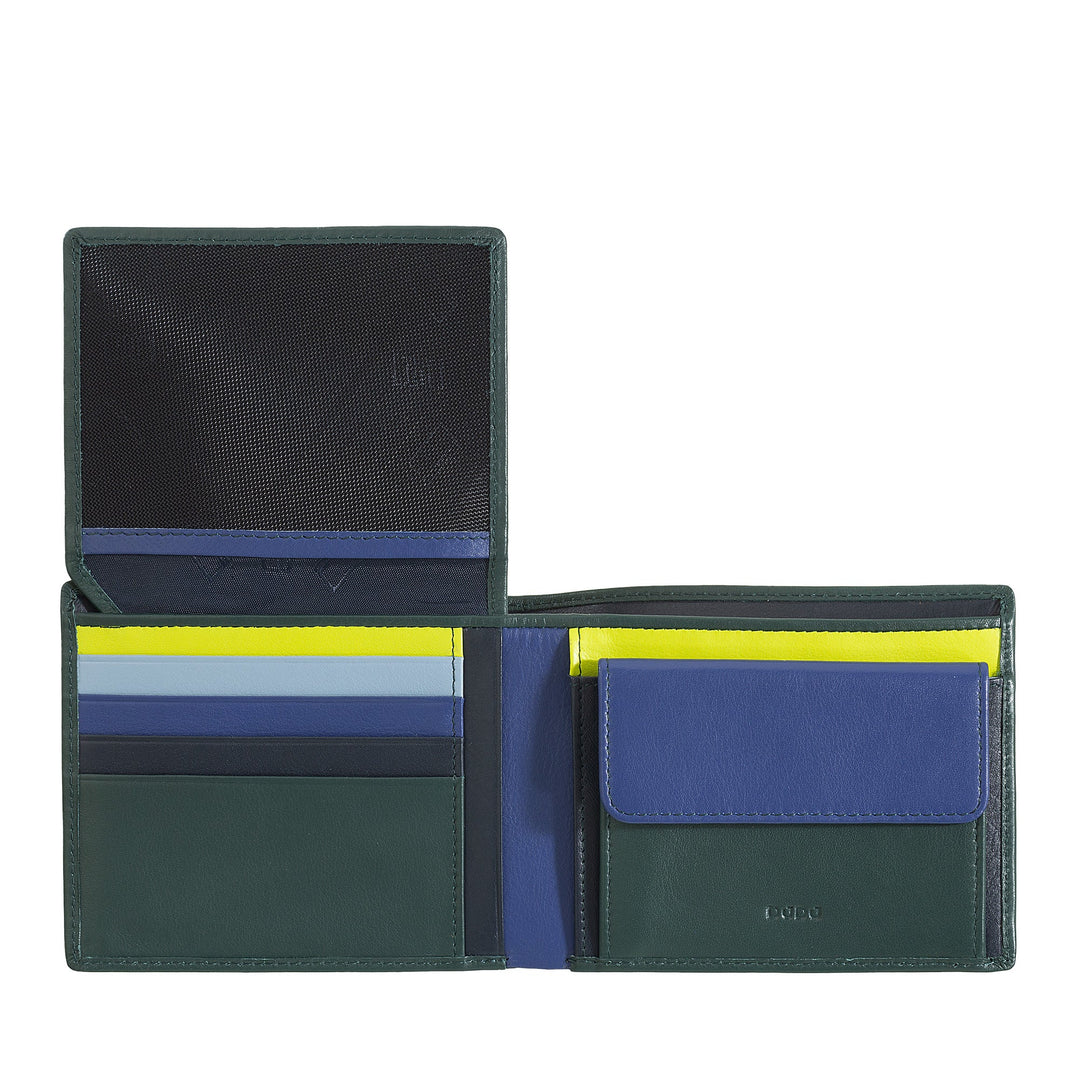 Open green and blue leather wallet with multiple card slots and a bill compartment