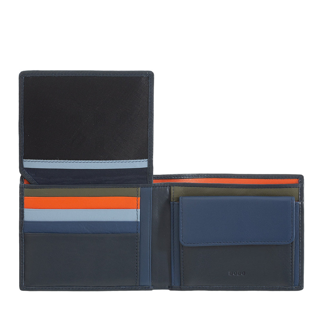 Open black leather wallet with various colored card slots and blue coin pocket