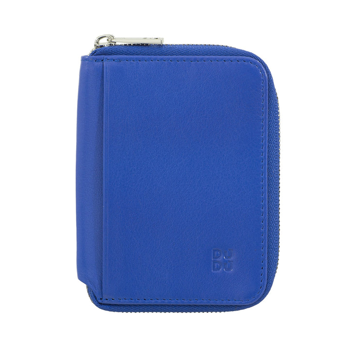 Blue leather wallet with zipper closure and embossed logo
