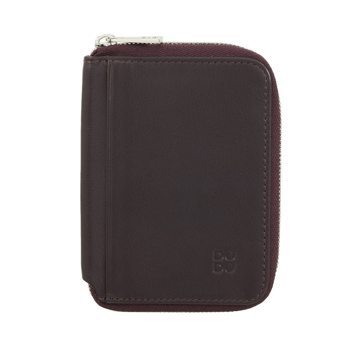 Brown leather zippered wallet with embossed logo