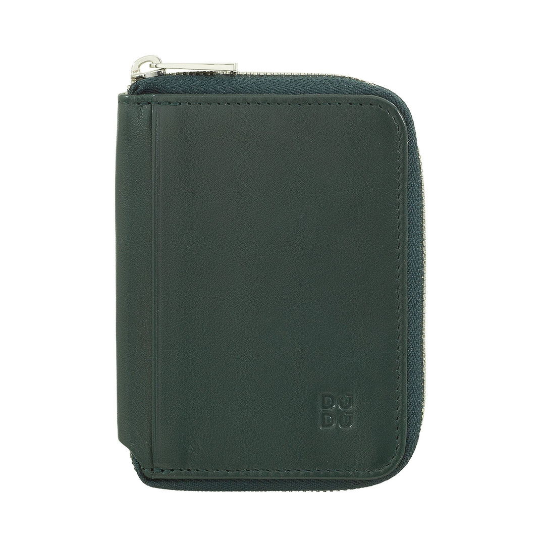 Green leather wallet with zipper closure and embossed logo