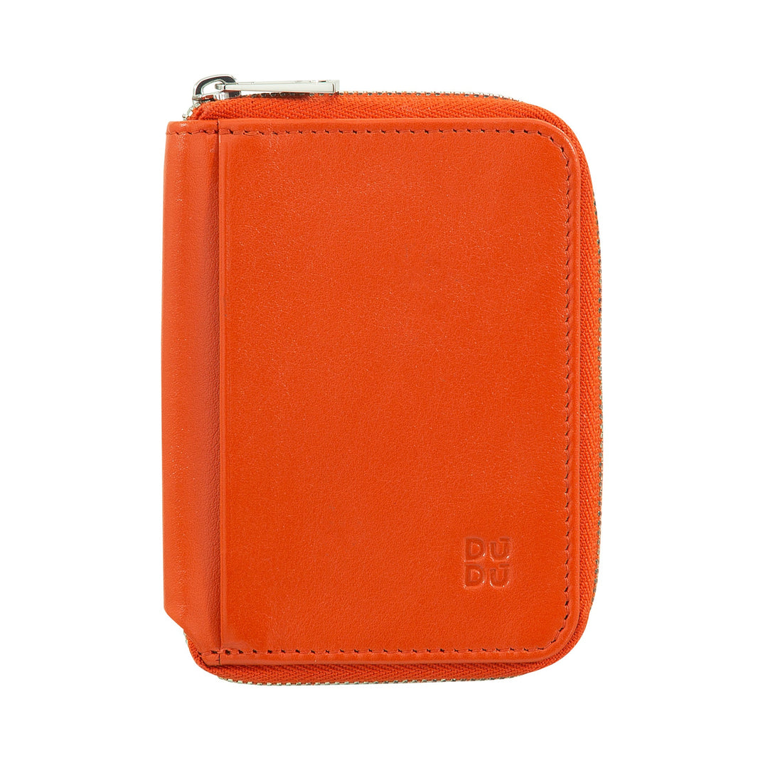 Orange leather zipper wallet with embossed logo