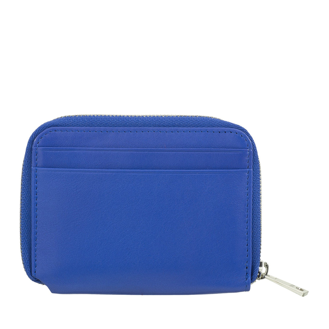 Blue leather wallet with zipper and card slots