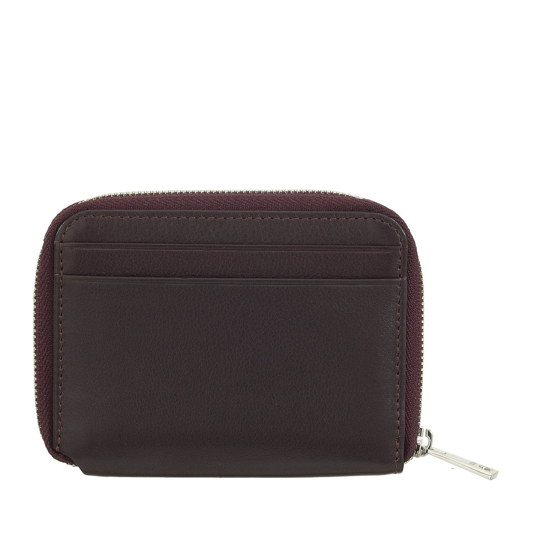Modern dark brown leather zip-around wallet with exterior card slots and metal zipper