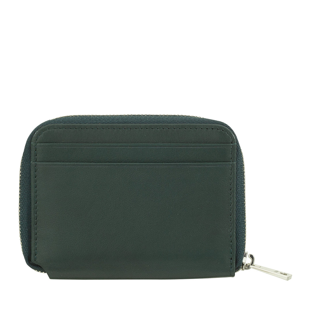 Dark green leather zip wallet with exterior card slots and a silver zipper