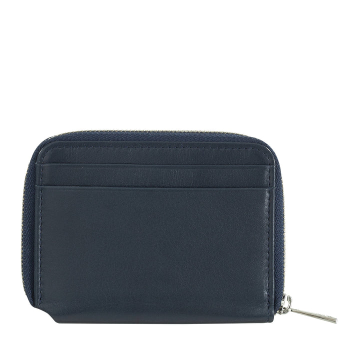Compact navy blue leather wallet with zipper closure