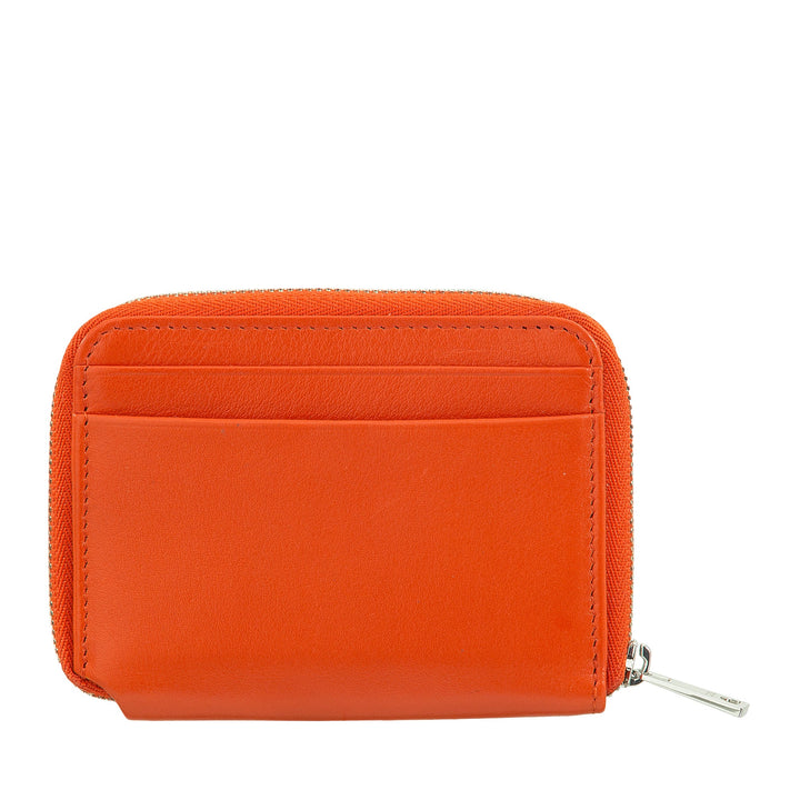 Bright orange leather wallet with zipper and card slots