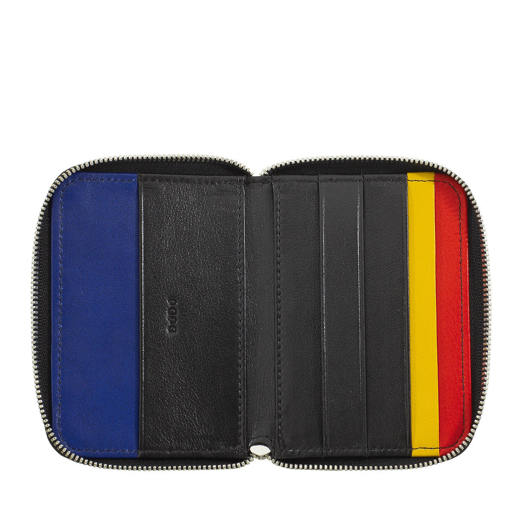 Open leather zip wallet with blue, black, yellow, and red interior card slots