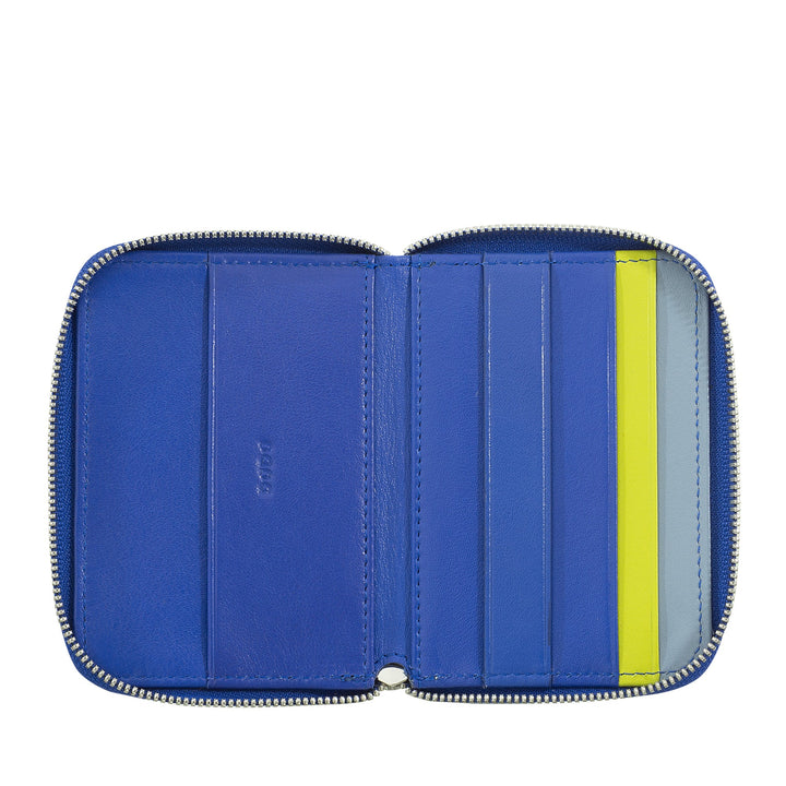 Blue leather zip-around wallet with multiple card slots and yellow and green accents