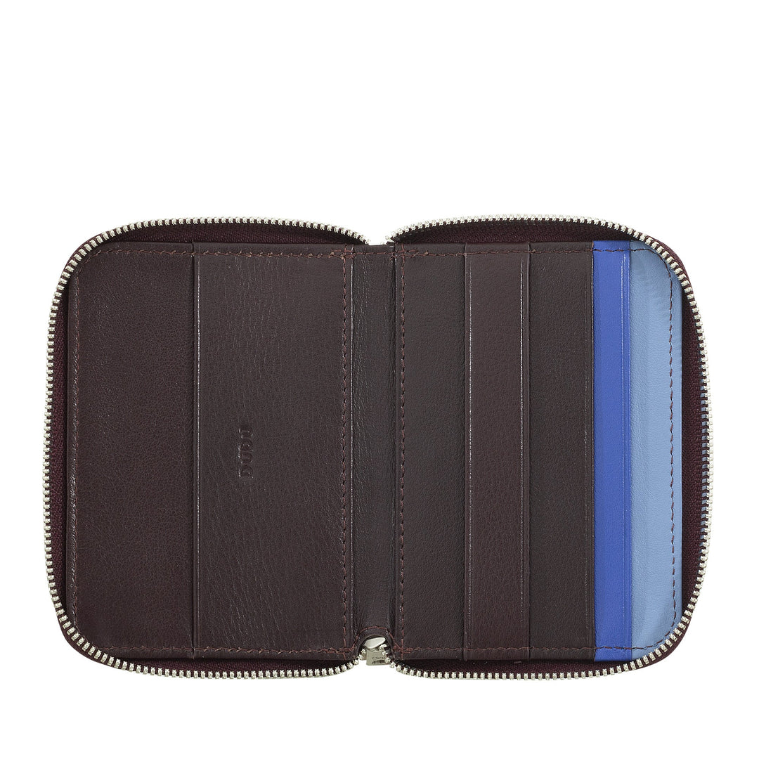 Brown leather zip-around wallet with multiple card slots and blue accent