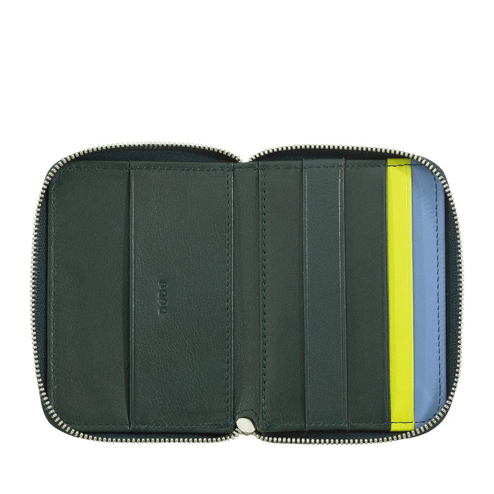 Open dark green leather wallet with multiple card slots