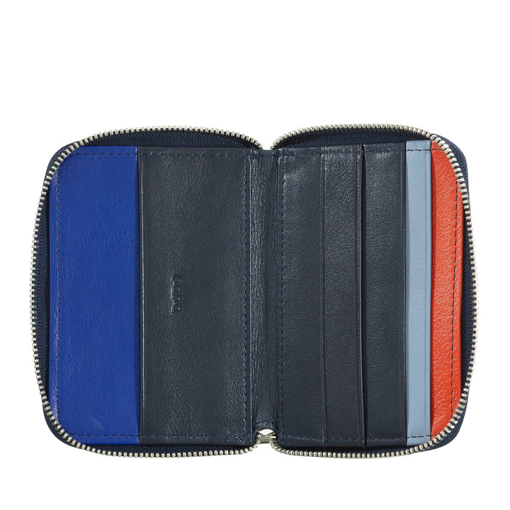 Open zippered leather wallet with multiple card slots in blue, red, and black sections